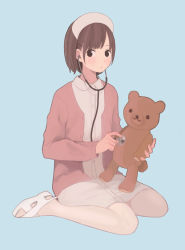 Rule 34 | 1girl, blue background, blush, bob cut, brown eyes, brown hair, buttons, collared dress, commentary request, dress, full body, hat, highres, jacket, light blush, long hair, nakamura hinata, nurse, nurse cap, open clothes, open jacket, original, peter pan collar, pink jacket, sandals, shoes, short dress, short hair, simple background, sitting, solo, stethoscope, stuffed animal, stuffed toy, teddy bear, wariza, white dress, white footwear, white hat