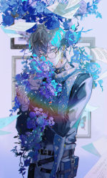 Rule 34 | 1boy, absurdres, bishounen, bug, butterfly, earrings, eyewear strap, flower, formal, framed, glasses, gloves, grey hair, half-closed eyes, highres, hitokoto, hug, ike eveland, ike eveland (1st costume), insect, jacket, jewelry, lace, lace-trimmed gloves, lace trim, lens flare, long sleeves, luxiem, male focus, multicolored hair, nijisanji, nijisanji en, paper, picture frame, ring, rose, shirt, short hair, smile, sparkle, suit, virtual youtuber