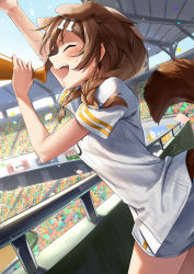 Rule 34 | 1girl, animal ears, arm up, blush, bone hair ornament, braid, breasts, brown hair, closed eyes, commentary request, confetti, cowboy shot, crowd, dog ears, dog girl, dog tail, from side, hair ornament, hair tie, hand up, highres, holding, holding megaphone, hololive, inugami korone, kito koruta, long hair, megaphone, open mouth, shirt, short sleeves, signature, solo focus, stadium, standing, striped clothes, striped shirt, tail, tail raised, teeth, twin braids, upper teeth only, vertical-striped clothes, vertical-striped shirt, virtual youtuber, white shirt