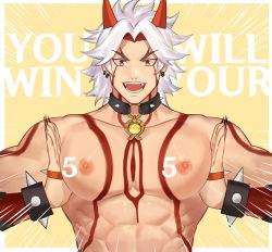 Rule 34 | abs, arataki itto, bara, bracelet, genshin impact, highres, horns, jewelry, large pectorals, long hair, male focus, mature male, muscular, muscular male, oni, oni horns, pale skin, pectoral press, pectoral squeeze, pectorals, red eyes, spiked bracelet, spikes, tattoo, toned, toned male, white hair, zhineart