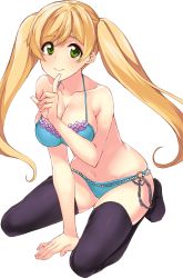 Rule 34 | 1girl, arm support, ayasugi tsubaki, bare shoulders, bikini, black thighhighs, blonde hair, blue bikini, breasts, cleavage, collarbone, finger to mouth, green eyes, halterneck, large breasts, leaning forward, long hair, navel, o-ring, o-ring bottom, original, simple background, sitting, skindentation, smile, solo, swimsuit, thighhighs, twintails, wariza, white background