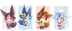 Rule 34 | 4boys, alternate hair color, animal ear fluff, animal ears, aqua eyes, aqua hair, black hair, blue eyes, blue hair, book, boots, brown hair, brown sweater, cherry blossoms, chibi, closed mouth, earrings, flower, fox boy, fox ears, fox tail, genshin impact, green eyes, hair between eyes, hair flower, hair ornament, highres, holding, holding book, jacket, japanese clothes, jewelry, kimono, leaf, long sleeves, looking at viewer, male focus, maple leaf, multicolored hair, multiple boys, necktie, open mouth, orange hair, orange scarf, pink hair, rin gotarou, scarf, shirt, short hair, smile, streaked hair, sweater, tail, tighnari (genshin impact), white shirt, yellow eyes