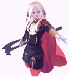 Rule 34 | 1girl, axe, blonde hair, blue eyes, cape, ascot, edelgard von hresvelg, fire emblem, fire emblem: three houses, gloves, hair ornament, highres, long hair, looking at viewer, mole, mole under mouth, nintendo, pantyhose, rheamii, simple background, smile, solo, uniform, weapon, white background