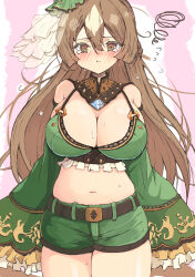 Rule 34 | 1girl, @ @, absurdres, alternate costume, animal ears, belt, blush, breasts, brown hair, cleavage, commentary request, curvy, detached sleeves, embarrassed, hair between eyes, hair ornament, highres, horse ears, horse girl, horse tail, large breasts, looking at viewer, midriff, navel, plump, pout, satono diamond (umamusume), shorts, simple background, solo, sweat, tail, thighs, tsetainsu, umamusume