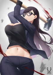 Rule 34 | 1girl, artist name, black gloves, black hair, black jacket, black pants, black shirt, blood, blood splatter, bloody weapon, breasts, cleavage, closed mouth, glasses, gloves, hammer, highres, holding, holding hammer, jacket, large breasts, long hair, long sleeves, looking at viewer, midriff, minakata hizuru, mole, mole under mouth, navel, open clothes, open jacket, pants, purple eyes, shadow cat (yingmiao), shirt, simple background, sledgehammer, solo, summertime render, swinging, twisted torso, weapon
