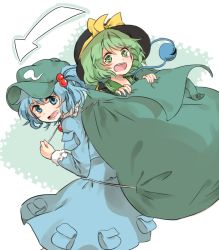 Rule 34 | 2girls, arrow (symbol), backpack, bad id, bad pixiv id, bag, black hat, blouse, blue dress, blue eyes, blue hair, blush, bow, dress, green eyes, green hair, green hat, hair bobbles, hair ornament, hat, hat bow, in backpack, in bag, in container, kawashiro nitori, komeiji koishi, long sleeves, misha (hoongju), multiple girls, open mouth, oversized object, pocket, sack, shirt, short hair, smile, string, take it home, teeth, third eye, touhou, two side up, yellow shirt