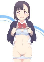 Rule 34 | 1girl, bad id, bad pixiv id, beige sweater, black hair, blue bra, blue jacket, blush, bow, bowtie, bra, breasts, brown eyes, clothes lift, commentary request, female pubic hair, hayyan, highres, jacket, lifted by self, long sleeves, looking at viewer, navel, no pants, open clothes, open mouth, open shirt, original, panties, panty pull, pubic hair, red bow, red bowtie, school uniform, shirt, shirt lift, short hair, small breasts, solo, standing, stomach, sweater, sweater lift, thick eyebrows, underwear, wavy mouth, white panties, white shirt