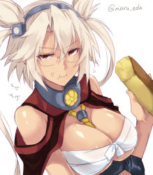 Rule 34 | 10s, 1girl, bare shoulders, blonde hair, breast hold, breasts, brown eyes, budget sarashi, cake, castella (food), dark-skinned female, dark skin, eating, female focus, food, food on face, glasses, gloves, highres, kantai collection, large breasts, maruki (punchiki), musashi (kancolle), pointy hair, sarashi, simple background, single glove, solo, sponge cake, twitter username, two side up, upper body, white background