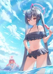 Rule 34 | 2girls, absurdres, animal ear fluff, animal ears, ass, bare shoulders, bikini, black bikini, black hair, blue archive, blue ribbon, blush, breasts, cat ears, cat girl, frilled bikini, frills, hair ribbon, halo, highres, hoshino (blue archive), hoshino (swimsuit) (blue archive), inflatable toy, long hair, looking at viewer, multiple girls, navel, nomi (gpjg7877), ocean, off-shoulder bikini, off shoulder, official alternate costume, red eyes, ribbon, serika (blue archive), serika (swimsuit) (blue archive), sky, small breasts, swimsuit, twintails