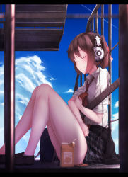 Rule 34 | 1girl, ankle socks, bag, blue sky, brown hair, carton, closed eyes, cloud, collared shirt, convenient censoring, day, digital media player, drink, drinking straw, electric guitar, from side, full body, guitar, hair ribbon, headphones, highres, instrument, legs, letterboxed, loose necktie, media player interface, necktie, hugging object, original, outdoors, plaid, plaid skirt, railing, red necktie, red ribbon, rerrere, ribbon, school uniform, shirt, shoes, short hair, sitting, skirt, sky, sleeping, sleeves rolled up, smile, socks, solo, stairs, summer, tea, twintails, white shirt
