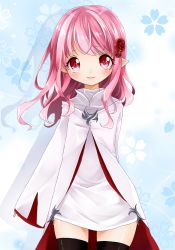 Rule 34 | 10s, 1girl, arm behind back, black thighhighs, dress, final fantasy, final fantasy xiv, flower, hair flower, hair ornament, lalafell, long hair, pink eyes, pink hair, pointy ears, robe, sleeves past wrists, smile, solo, thighhighs, warrior of light (ff14), white mage (final fantasy), yume derika