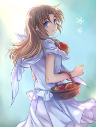 Rule 34 | 1girl, apple, bad id, bad pixiv id, basket, blue background, blue eyes, brown hair, falcom, floating hair, food, from behind, fruit, gradient background, hair between eyes, holding, holding basket, holding food, holding fruit, lilia (ys), long hair, looking back, miniskirt, parted lips, red apple, shirt, skirt, sleeveless, sleeveless shirt, solo, standing, straight hair, uuta (uturautouto), white background, white shirt, white skirt, ys