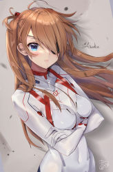 Rule 34 | 1girl, ahoge, blue eyes, blush, bodysuit, breasts, brown hair, character name, closed mouth, collarbone, covered navel, crossed arms, evangelion: 3.0+1.0 thrice upon a time, eyepatch, floating hair, hair ornament, hair over one eye, heart, heart in eye, highres, looking at viewer, maruma (maruma gic), medium breasts, neon genesis evangelion, one eye covered, plugsuit, rebuild of evangelion, signature, skin tight, solo, souryuu asuka langley, symbol in eye, two side up, upper body, v-shaped eyebrows, white bodysuit