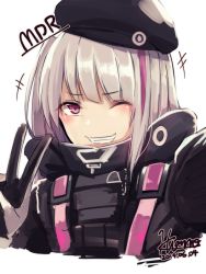 Rule 34 | beret, black hat, character name, dated, girls&#039; frontline, grin, hat, high collar, hiruno, jacket, mdr (girls&#039; frontline), multicolored hair, one eye closed, personification, pink eyes, signature, simple background, smile, streaked hair, tagme, v, white background, white hair, wink