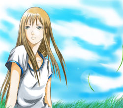 Rule 34 | 1girl, arm support, blonde hair, blue sky, clare (claymore), claymore (series), cloud, collarbone, day, grass, grey eyes, koushaku (pixiv), long hair, loose clothes, shirt, sky, solo, t-shirt