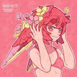 Rule 34 | 1girl, bikini, blush, breasts, english text, fangs, flower, hanaan, hands up, long hair, looking at viewer, original, outline, pink background, pink bikini, pink eyes, pink flower, pink hair, small breasts, smile, solo, spring (season), swimsuit, upper body, white outline, yellow flower