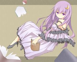Rule 34 | 1girl, alternate costume, an (angular-angler), bad id, bad pixiv id, bare shoulders, book, crescent, crescent hair ornament, crescent moon, dress, female focus, frills, hair ornament, high heels, long hair, moon, no headwear, no headwear, patchouli knowledge, purple eyes, purple hair, shawl, shoes, solo, strap slip, touhou