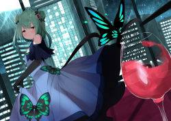 Rule 34 | 1girl, adapted costume, alcohol, animal print, bare shoulders, black gloves, blue dress, blush, bug, butterfly, butterfly print, city lights, cityscape, closed mouth, clothing cutout, cup, double bun, dress, drinking glass, elbow gloves, eureka 814, feet out of frame, gloves, green hair, hair bun, hair ornament, highres, hololive, insect, long dress, looking at viewer, red eyes, short hair, shoulder cutout, skirt hold, skull hair ornament, smile, smug, solo, uruha rushia, uruha rushia (1st costume), virtual youtuber, window, wine, wine glass