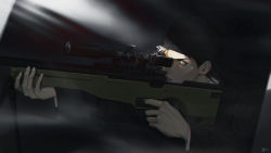 Rule 34 | 1boy, aiming, akai shuuichi, beanie, black hair, black hat, dark, dutch angle, finger on trigger, from side, green eyes, gun, hariharitama, hat, highres, holding, holding gun, holding weapon, long hair, long sleeves, male focus, meitantei conan, outstretched arm, parted lips, rifle, sniper rifle, solo, sunlight, upper body, weapon