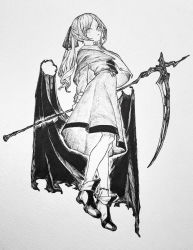 Rule 34 | 1girl, absurdres, black ribbon, collared dress, dress, from below, full body, greyscale, hair ribbon, highres, holding, holding scythe, holding weapon, long hair, looking at viewer, mashimashi, monochrome, original, parted bangs, ponytail, ribbon, scythe, shoes, simple background, solo, traditional media, weapon, white background, white dress