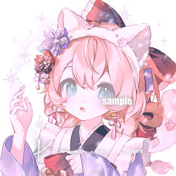 Rule 34 | 1girl, animal ear hairband, animal ears, apron, bear brooch, bell, bell earrings, blue eyes, blue flower, blue kimono, bow, braid, cat ear hairband, cat ears, chinese commentary, commentary request, earrings, fake animal ears, flower, flower knot, frilled apron, frilled bow, frilled kimono, frills, hair between eyes, hair bow, hair flower, hair ornament, hair ribbon, hairband, hand up, highres, holding, holding bow (ornament), hui yan, japanese clothes, jewelry, kimono, light blush, long hair, long sleeves, looking at viewer, loose hair strand, low twin braids, open mouth, original, pink bow, pink flower, pink hair, pink ribbon, red bow, red flower, ribbon, sample watermark, simple background, sleeves past wrists, solo, tassel, tassel hair ornament, twin braids, upper body, watermark, white apron, white background, white hairband, wide sleeves
