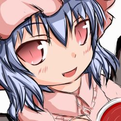 Rule 34 | 1girl, bad id, bad pixiv id, bat wings, blue hair, blush, cup, female focus, hat, lowres, madhand, red eyes, remilia scarlet, solo, touhou, upper body, white background, wings