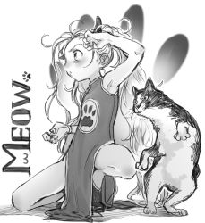 Rule 34 | 1girl, armpits, blush, bosako (haguhagu), cat, china dress, chinese clothes, claw pose, dress, fighting stance, flat chest, greyscale, haguhagu (rinjuu circus), hand up, highres, horns, long hair, monochrome, on one knee, original, paw print, paw print background, pelvic curtain, ponytail, shoes, solo, very long hair