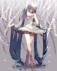 Rule 34 | 1girl, absurdly long hair, arms at sides, ballerina, ballet, ballet slippers, bare legs, bare shoulders, blue hair, breasts, cleavage, closed eyes, collarbone, crossed legs, dress, en pointe, face down, flower, frills, full body, hair flowing over, hair over shoulder, hatsune miku, highres, long hair, nachoz (nachozart), outstretched hand, plantar flexion, rose, small breasts, solo, standing, tiptoes, tutu, twintails, very long hair, vocaloid, watson cross, wisteria