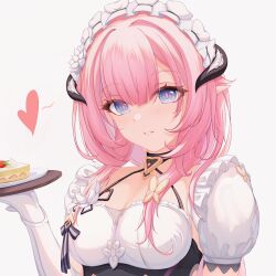 Rule 34 | 1girl, absurdres, alternate costume, blackheart`, blue eyes, breasts, cake, cake slice, chinese commentary, cleavage, commentary, commentary request, dress, elf, elysia (honkai impact), elysia (miss pink elf) (honkai impact), enmaided, fake horns, food, frills, gloves, heart, highres, holding, holding plate, honkai (series), honkai impact 3rd, horns, long hair, looking at viewer, maid, maid headdress, medium breasts, official alternate costume, parted lips, pink hair, pink pupils, plate, pointy ears, short sleeves, simple background, smile, solo, tray, upper body, white background, white gloves