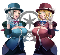 Rule 34 | 2girls, blonde hair, breasts, butcha-u, cleavage, gloves, green eyes, hat, heart, heart hands, heart hands duo, large breasts, miniskirt, multiple girls, open mouth, pantyhose, pointy ears, short hair, skirt, smile, white hair