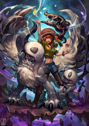 Rule 34 | 1girl, :d, absol, blue shorts, brown eyes, brown footwear, brown hair, brown pantyhose, commentary, commission, creatures (company), denim, denim shorts, english commentary, fire, game freak, gen 3 pokemon, green jacket, hand up, hat, highres, jacket, legs apart, looking at viewer, mawile, mega absol, mega pokemon, midriff, navel, nintendo, open mouth, pantyhose, pokemon, pokemon (creature), red eyes, sa-dui, short shorts, shorts, signature, smile, standing