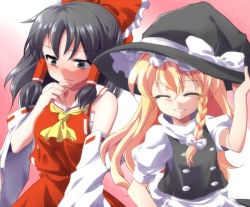 Rule 34 | 2girls, ^ ^, ascot, bare shoulders, black eyes, black hair, blonde hair, blush, bow, braid, breasts, closed eyes, commentary request, dairi, detached sleeves, facing viewer, frown, gradient background, grin, hair bow, hair ribbon, hair tubes, hakurei reimu, hand on headwear, hand on own chin, hat, kirisame marisa, long hair, multiple girls, ribbon, sarashi, single braid, smile, thinking, touhou, translation request, witch hat