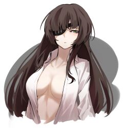 Rule 34 | 1girl, absurdres, breasts, brown hair, closed mouth, collarbone, collared shirt, commentary, counter:side, cropped torso, dress shirt, eyepatch, green eyes, grey background, highres, large breasts, lee jisoo, light blush, linea alba, long hair, long sleeves, looking at viewer, naked shirt, one eye covered, open clothes, open shirt, shirt, simple background, solo, white background, white shirt, wing collar, zanlyu