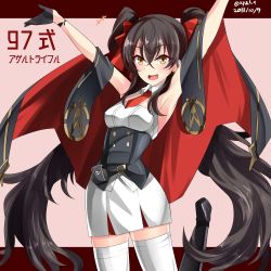 Rule 34 | 1girl, :d, armpits, arms up, black cape, black footwear, black gloves, blush, boots, breasts, brown eyes, brown hair, cape, commentary request, cowboy shot, dated, girls&#039; frontline, gloves, hair between eyes, half gloves, hebitsukai-san, highres, knee boots, long hair, looking at viewer, medium breasts, multicolored cape, multicolored clothes, necktie, open mouth, pink background, pleated skirt, red background, red cape, red necktie, shirt, short necktie, skirt, sleeveless, sleeveless shirt, smile, solo, standing, standing on one leg, thighhighs, twintails, twitter username, two-tone background, type 97 (girls&#039; frontline), underboob, very long hair, white shirt, white skirt, white thighhighs, zettai ryouiki