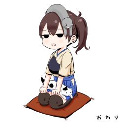 Rule 34 | 10s, 1girl, animal, animal on head, animal on lap, black eyes, brown hair, cat, cat on head, cat on lap, chibi, japanese clothes, kaga (kancolle), kantai collection, muneate, no pupils, on head, on lap, open mouth, seiza, short hair, side ponytail, simple background, sitting, skirt, solo, sukeroku (treeee), thighhighs