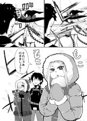 Rule 34 | 1boy, 2girls, :&gt;, :d, abigail williams (fate), absurdres, ass, blush, bow, closed eyes, closed mouth, cold, comic, dress, fate/grand order, fate (series), fujimaru ritsuka (male), fujimaru ritsuka (male) (polar chaldea uniform), fur-trimmed hood, fur-trimmed jacket, fur-trimmed sleeves, fur trim, glasses, gloves, greyscale, hair over one eye, hat, hat bow, highres, hood, hood up, hooded jacket, jacket, long hair, long sleeves, mash kyrielight, mittens, monochrome, multiple girls, official alternate costume, open mouth, own hands together, panties, pants, parted lips, polka dot, polka dot bow, revealing clothes, shii (seaside720), short hair, short sleeves, sidelocks, smile, sweat, topless, underwear, v-shaped eyebrows, very long hair, wind, winter clothes, witch hat