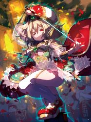 Rule 34 | 1girl, armband, blonde hair, braid, braided ponytail, breasts, flower, hair between eyes, hat, holding, holding sword, holding weapon, jewelry, original, petals, ponytail, rabbit monster, rapier, red eyes, red flower, red footwear, rose, see-through, see-through sleeves, sword, thighhighs, thighs, underboob, weapon, white thighhighs