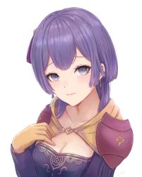 Rule 34 | 1girl, bernadetta von varley, breasts, cleavage, collarbone, dress, earrings, fire emblem, fire emblem: three houses, gloves, hair ornament, hand on own chest, jewelry, leonmandala, lips, long sleeves, looking at viewer, medium breasts, nintendo, orange gloves, purple eyes, purple hair, short hair, simple background, solo, upper body, white background