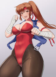 Rule 34 | 1girl, absurdres, arm wrap, athletic leotard, bandaged arm, bandages, black pantyhose, blue vest, breakers, breasts, brown eyes, brown hair, cleavage, commentary request, cowboy shot, gradient background, grey background, hand wraps, highres, large breasts, leotard, long hair, looking at viewer, mayomaru1, pantyhose, red leotard, solo, standing, strapless, strapless leotard, tia langray, vest