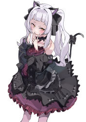 Rule 34 | 1girl, absurdres, animal ear fluff, animal ears, black bow, black choker, black dress, blunt bangs, blush, bow, cat ears, cat girl, cat tail, choker, collarbone, detached sleeves, dress, from above, gothic lolita, highres, hololive, kemonomimi mode, lolita fashion, longlong (drasdr7513), looking up, murasaki shion, murasaki shion (gothic lolita), open mouth, short bangs, silver hair, solo, tail, tail bow, tail ornament, twintails, v, virtual youtuber, yellow eyes