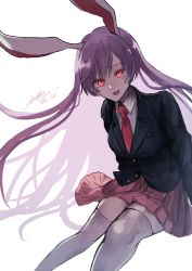Rule 34 | 1girl, :d, animal ears, blazer, blouse, buttons, collared shirt, commentary, feet out of frame, highres, jacket, long hair, long sleeves, looking at viewer, necktie, open mouth, pink skirt, purple hair, rabbit ears, rabbit girl, red eyes, red necktie, reisen udongein inaba, rokuya (68 zusao), shirt, signature, skirt, smile, solo, thigh gap, thighhighs, touhou, wavy mouth, white shirt, white thighhighs