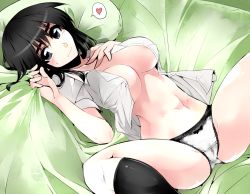 Rule 34 | 00s, 1girl, bed, black hair, bow, bow panties, breasts, cosaten, dress shirt, grey eyes, heart, highres, large breasts, long hair, lying, open clothes, open shirt, panties, school rumble, shirt, solo, spoken heart, suou mikoto (school rumble), underwear, white panties