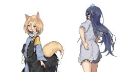 Rule 34 | 2girls, :3, :d, animal ears, ass, blonde hair, bloomers, blue hair, blush, cosplay, costume switch, dark blue hair, fox ears, fox tail, from behind, hair between eyes, hand on own ass, hat, highres, iizunamaru megumu, kudamaki tsukasa, long hair, looking back, multiple girls, open mouth, pocche-ex, pointy ears, red eyes, simple background, smile, tail, tail hole, tokin hat, touhou, underwear, very long hair, white background