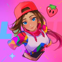 Rule 34 | 1girl, animification, backwards hat, blue eyes, blush, brown hair, drawstring, floating hair, food, fortnite, fruit, hat, highres, long hair, looking at viewer, loserfruit, midriff peek, multicolored clothes, multicolored sweater, navel, noush, pink hat, pink lips, ponytail, real life, smile, solo, sparkle, strawberry, sweater, upper body