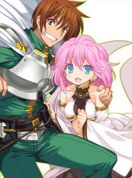 Rule 34 | 1boy, 1girl, armor, bare shoulders, belt, blue eyes, breastplate, breasts, brown eyes, brown hair, earrings, grin, gyokai (artist), hand on shoulder, highres, jewelry, onono imoko, open mouth, outline, pink hair, rance, rance (series), short hair, sill plain, smile, white background