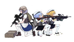 Rule 34 | 3girls, alternate costume, apron, backpack, bag, bat wings, black footwear, black skirt, blonde hair, blue hair, bolt action, bow, box, braid, brown footwear, commentary request, fkey, flandre scarlet, from side, green bow, gun, hair bow, hat, helmet, highres, izayoi sakuya, light machine gun, m249, machine gun, maid apron, mary janes, mauser 98, multiple girls, petticoat, playerunknown&#039;s battlegrounds, pleated skirt, puffy short sleeves, puffy sleeves, red eyes, remilia scarlet, rifle, sailor hat, school uniform, serafuku, shoes, short hair, short sleeves, siblings, silver hair, simple background, sisters, skirt, thighhighs, touhou, vest, weapon, white background, white legwear, wings, yellow neckwear, zettai ryouiki