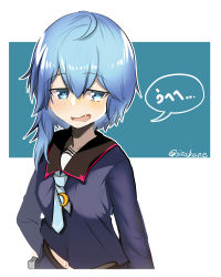 Rule 34 | 1girl, asymmetrical hair, black sailor collar, blouse, blue eyes, blue hair, blue necktie, blue shirt, commentary request, crescent, crescent pin, fang, hand on own hip, highres, kantai collection, looking at viewer, minazuki (kancolle), necktie, one-hour drawing challenge, open mouth, sailor collar, school uniform, serafuku, shirt, short hair with long locks, sirakane (tigo5115), solo, twitter username, two-tone background, upper body, white background