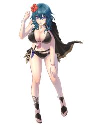 Rule 34 | 0701mono, 1girl, bare legs, belt, bikini, black belt, black bikini, black cape, blue eyes, blue hair, breasts, byleth (female) (fire emblem), byleth (fire emblem), cape, commentary request, dagger, fire emblem, fire emblem: three houses, fire emblem heroes, flower, full body, hair between eyes, hair flower, hair ornament, hand up, hibiscus, highres, knife, large breasts, long hair, looking at viewer, navel, nintendo, official alternate costume, red flower, sandals, simple background, single bare shoulder, solo, stomach, swimsuit, thighs, weapon, white background