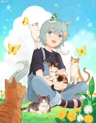 Rule 34 | 1girl, animal, animal ears, animal on lap, animal on shoulder, black shirt, black socks, blue eyes, bug, butterfly, cat, cloud, dandelion, dandelion seed, flower, grass, grey hair, hair ornament, highres, horse ears, horse girl, horse tail, indian style, insect, looking to the side, on lap, open mouth, outdoors, overalls, rio (rio 067), sandals, seiun sky (umamusume), shirt, short hair, sitting, sleeves rolled up, smile, socks, solo, tail, twitter username, umamusume