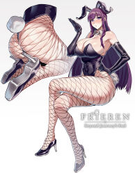 Rule 34 | 1girl, animal ears, ass, bare shoulders, black gloves, black leotard, breasts, celyn404, commentary request, detached collar, elbow gloves, fake animal ears, fake tail, fern (sousou no frieren), fishnet pantyhose, fishnets, gloves, gradient background, grey background, hand up, highres, large breasts, leotard, long hair, looking at viewer, multiple views, pantyhose, playboy bunny, purple eyes, purple hair, rabbit ears, rabbit tail, sitting, sousou no frieren, tail, thighs, very long hair
